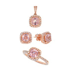 Cushion Peach Pink Morganite & Diamond Lover Ring Pendant Earrings Rose Gold Set