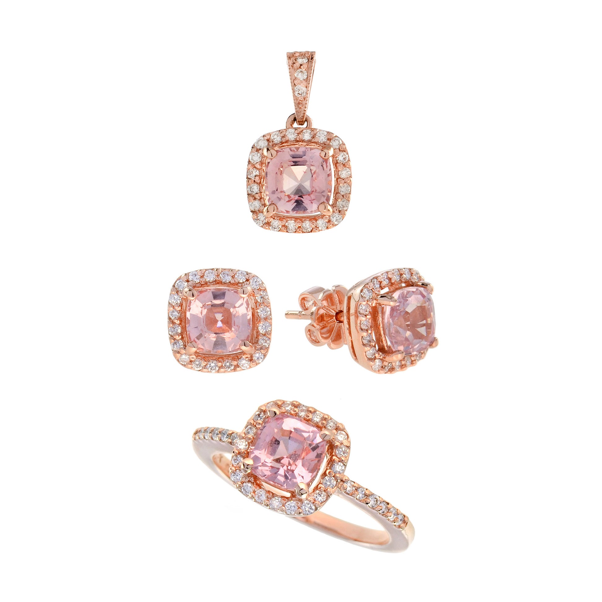 Cushion Peach Pink Morganite & Diamond Lover Ring Pendant Earrings Rose Gold Set