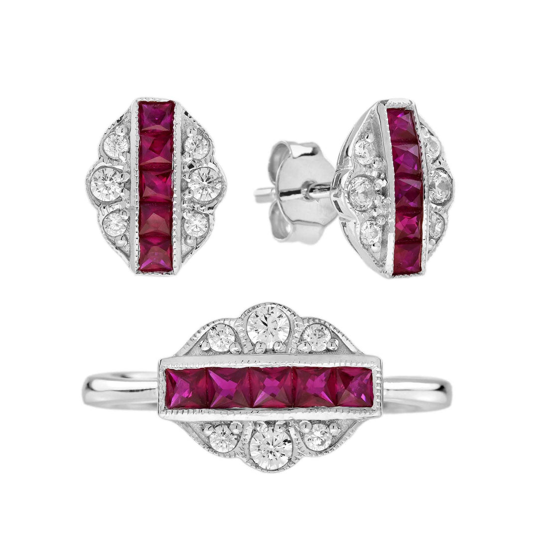 French Cut Ruby Diamond Art Deco Style Earrings &amp; Ring Jewelry White Gold Set