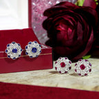Red Pink Ruby & Diamond Peony Floral Round Diamond 14K White Gold Stud Earrings