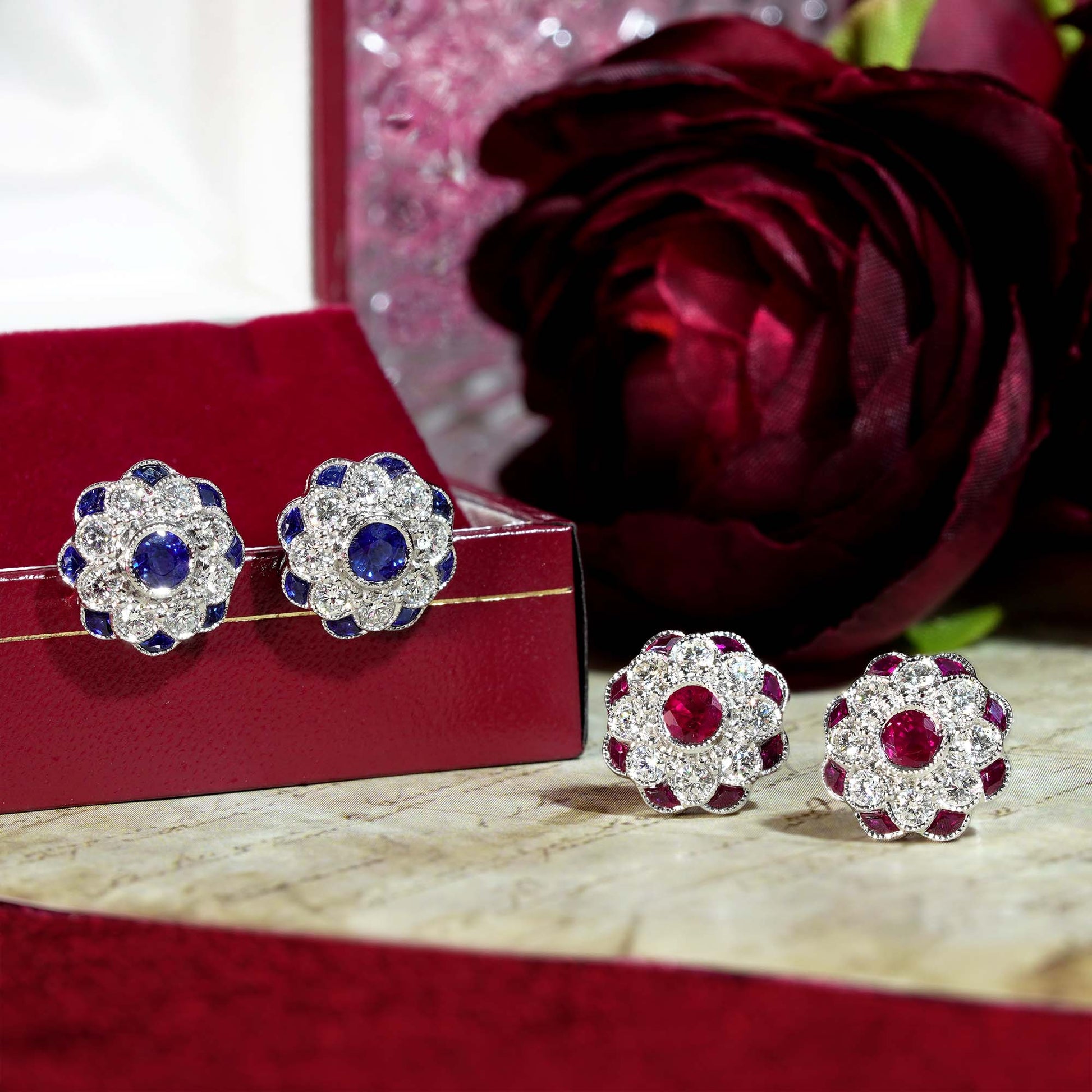 Red Pink Ruby & Diamond Peony Floral Round Diamond 14K White Gold Stud Earrings