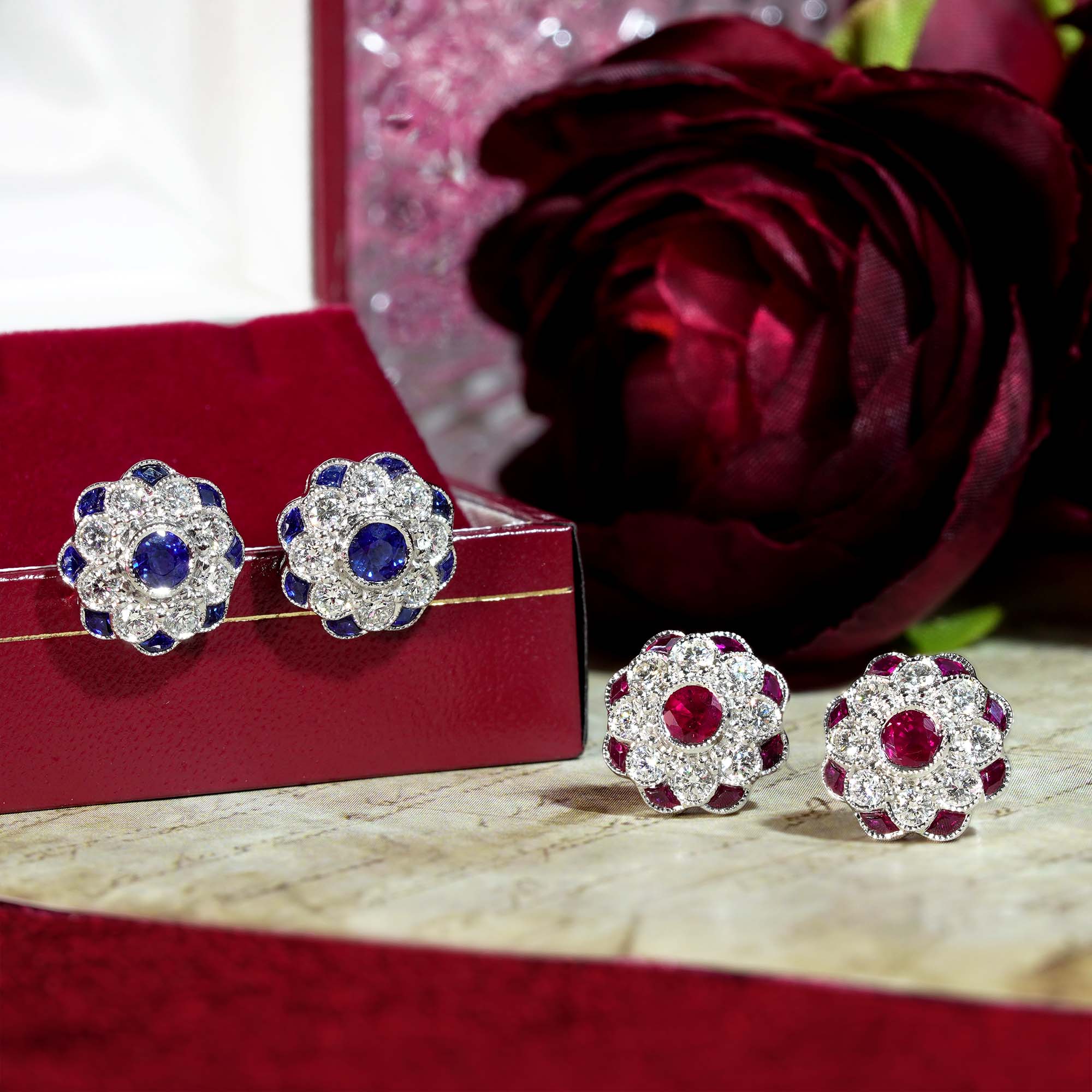 Red Pink Ruby &amp; Diamond Peony Floral Round Diamond 14K White Gold Stud Earrings