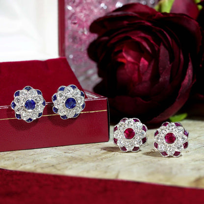 Red Pink Ruby & Diamond Peony Floral Round Diamond 14K White Gold Stud Earrings