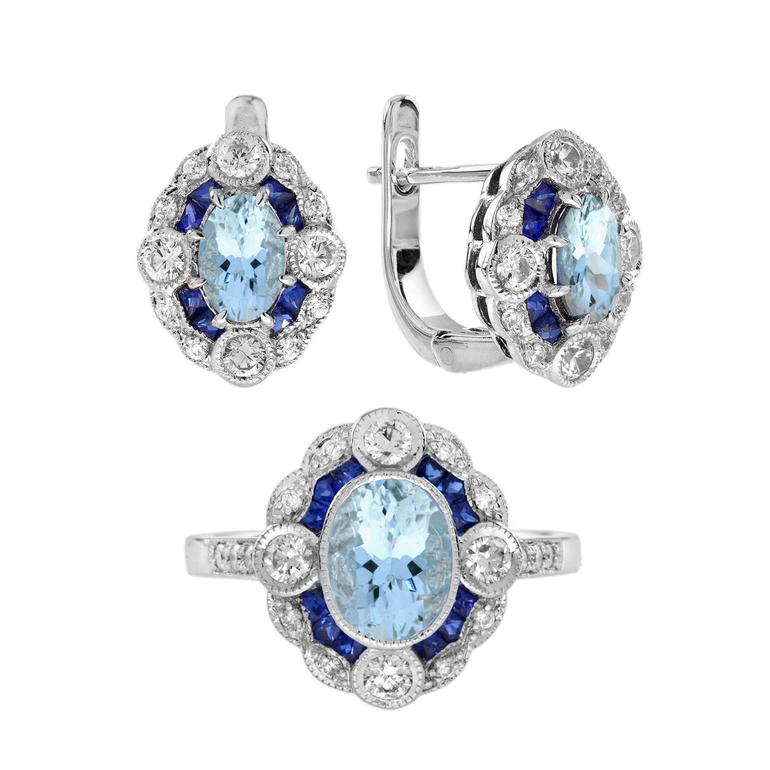 Blue Aquamarine Sapphire Diamond Art Deco Style Earrings & Ring Jewelry Set