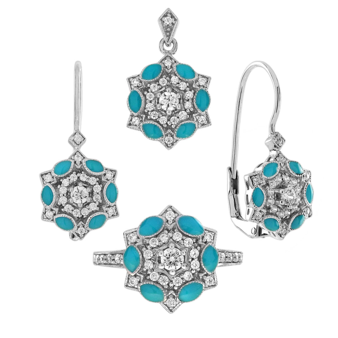 Diamond Blue Enamel Art Deco Style Floral Halo Earring Ring & Pendant Set