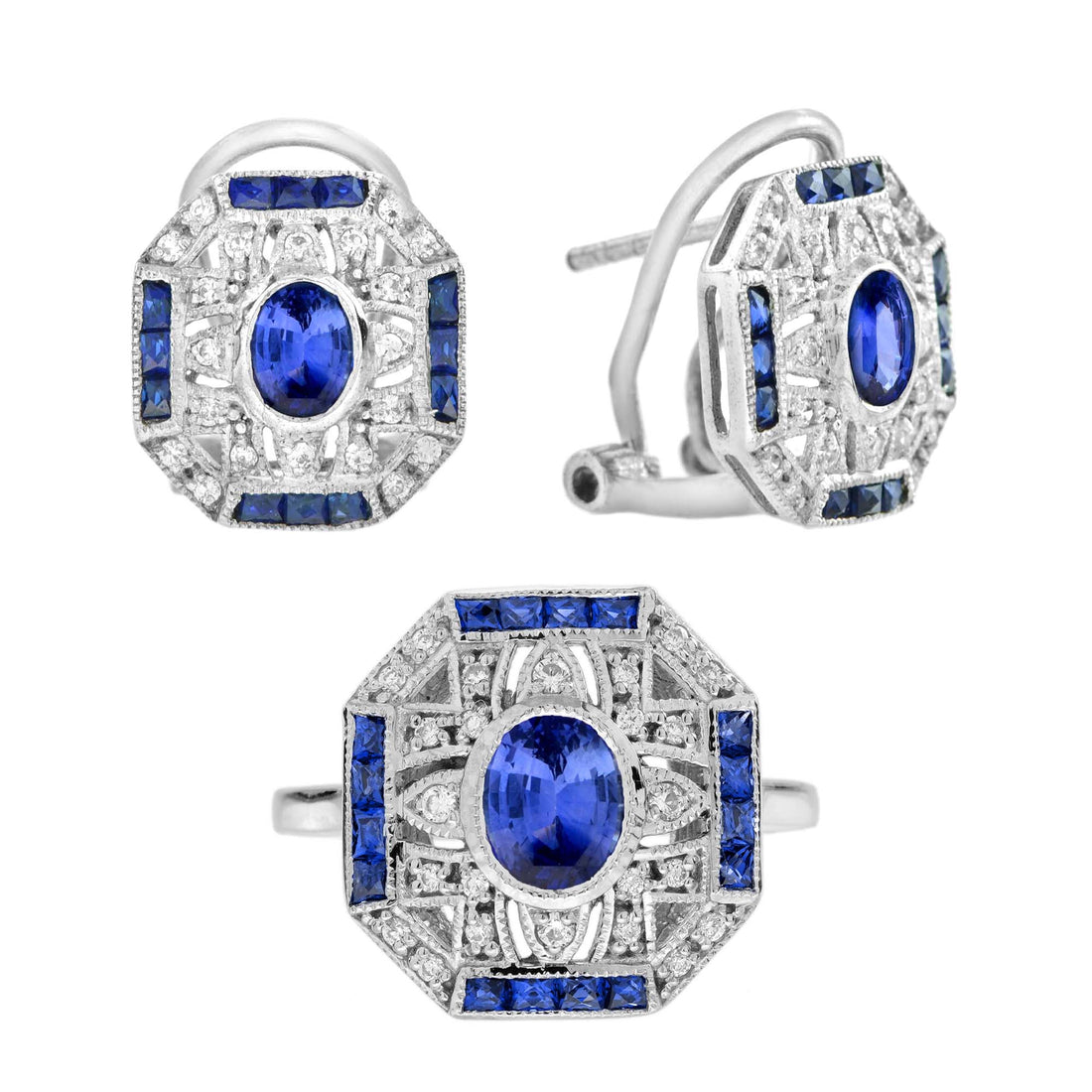 Blue Sapphire & Diamond Art Deco Style Ring Earrings White Gold Jewelry Set