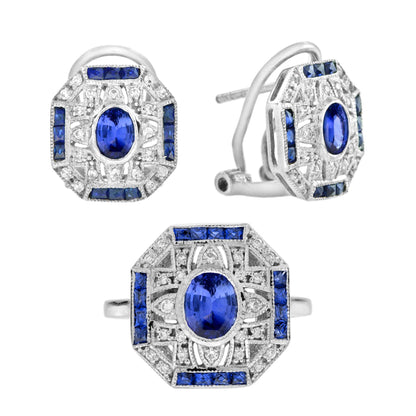 Blue Sapphire & Diamond Art Deco Style Ring Earrings White Gold Jewelry Set