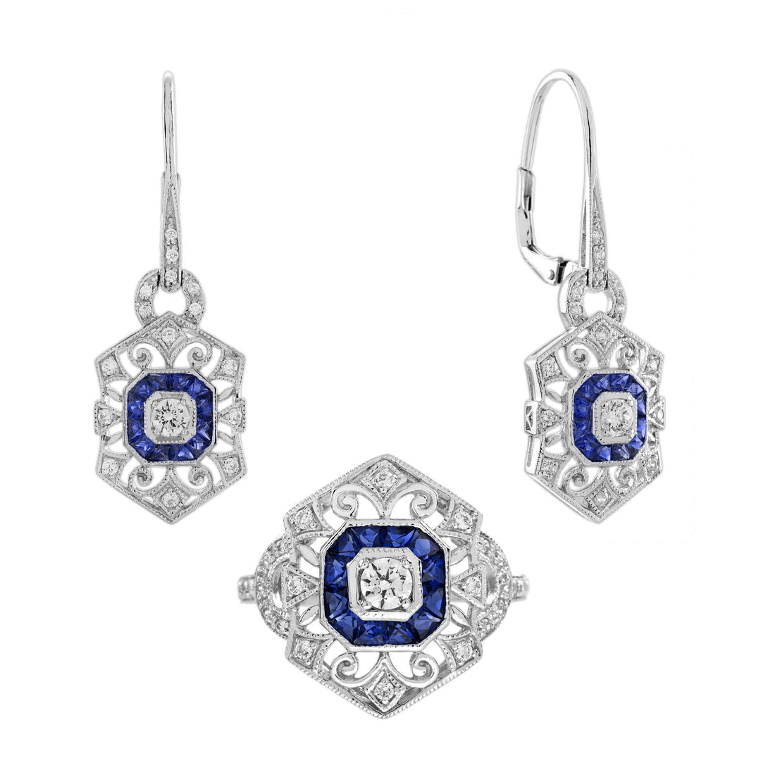 Diamond & Sapphire Art Deco Style Ring Earrings White Gold Jewelry Set