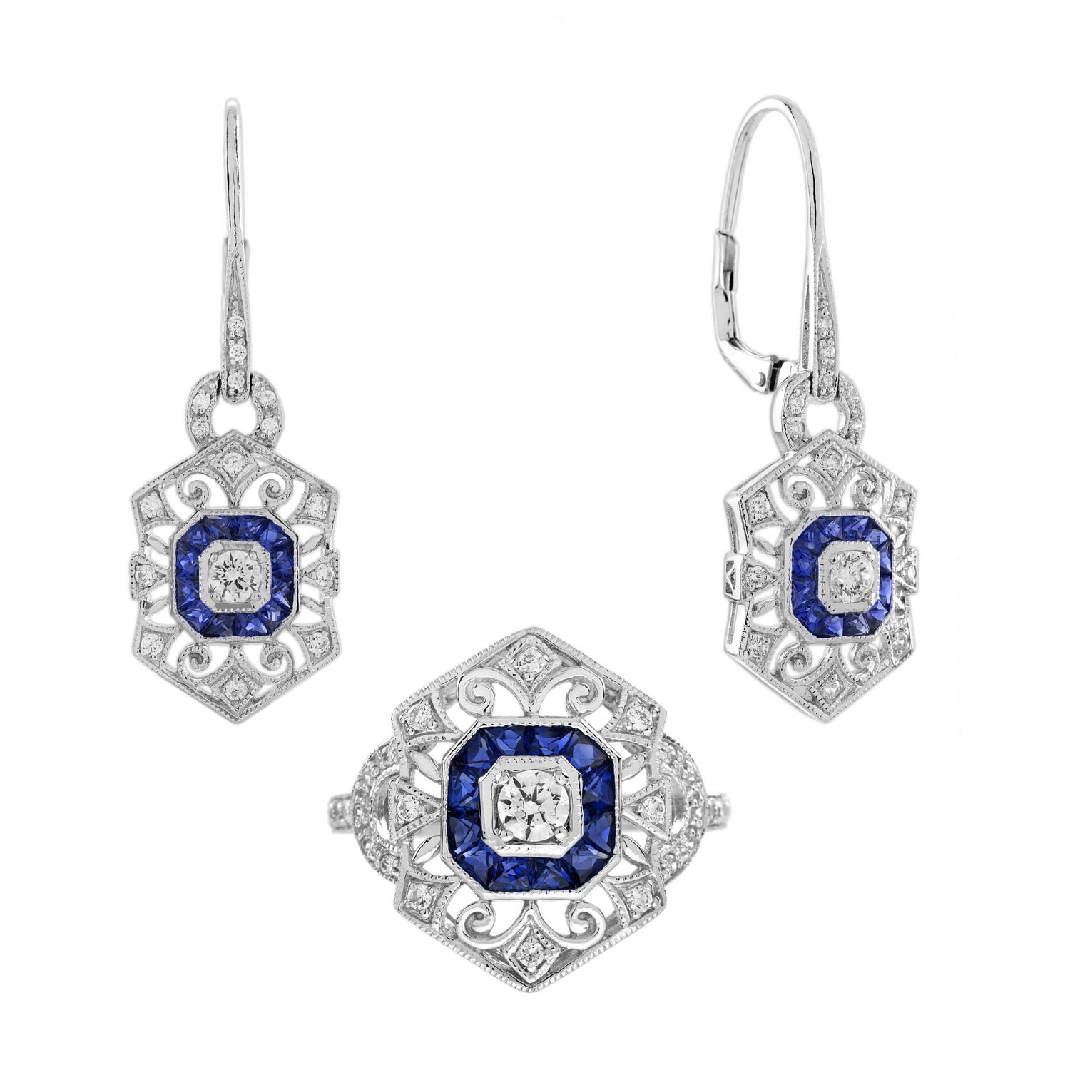 Diamond &amp; Sapphire Art Deco Style Ring Earrings White Gold Jewelry Set