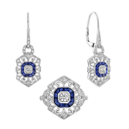Diamond &amp; Sapphire Art Deco Style Ring Earrings White Gold Jewelry Set