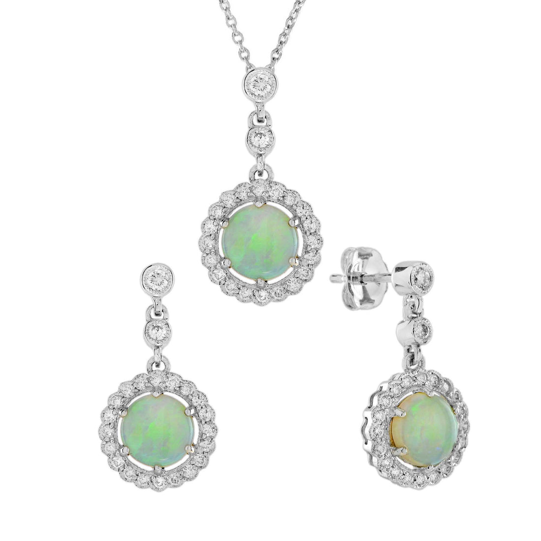 Opal Diamond Halo Vintage Style Pendant & Earrings Jewelry White Gold Set