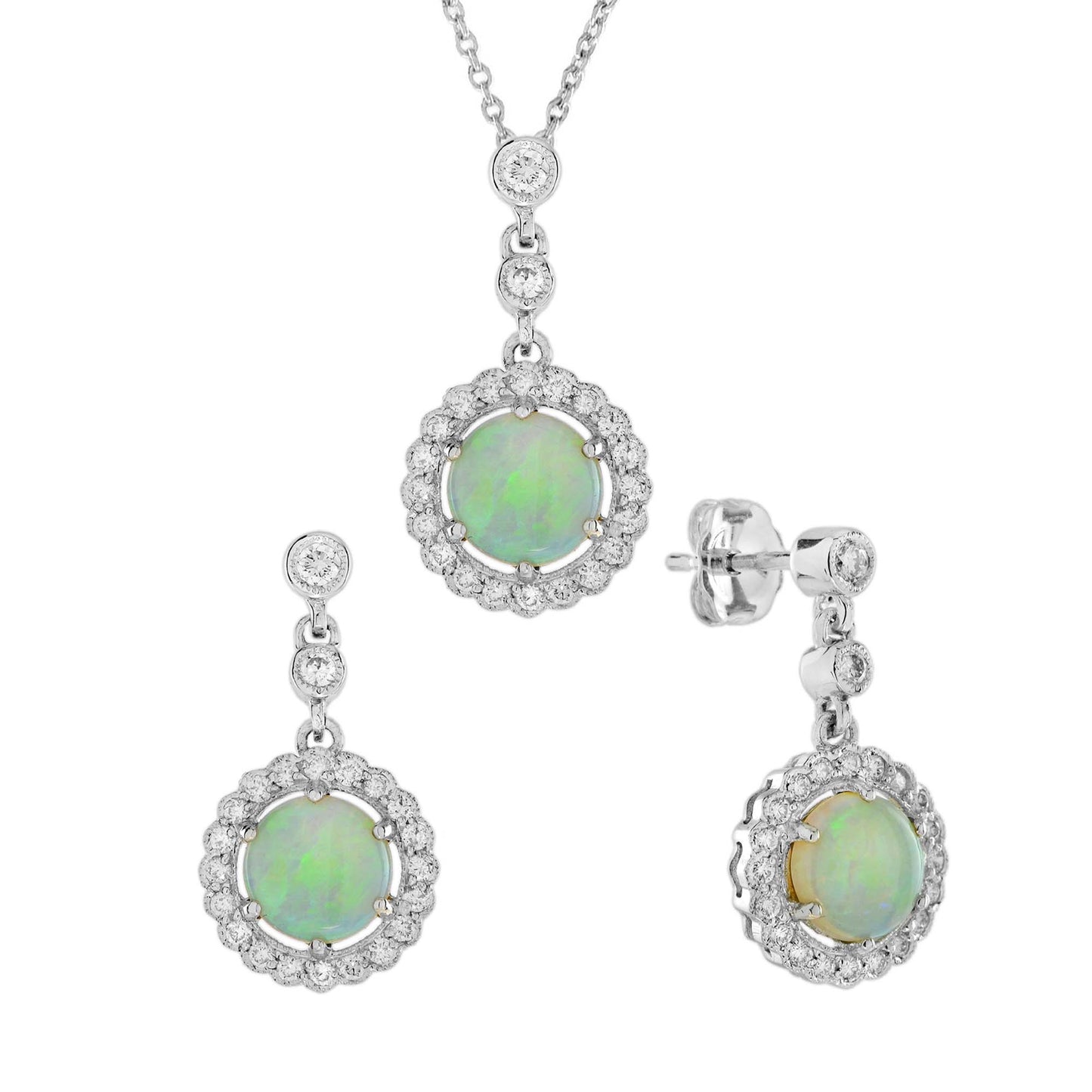 opal diamond halo vintage style pendant & earrings jewelry white gold set