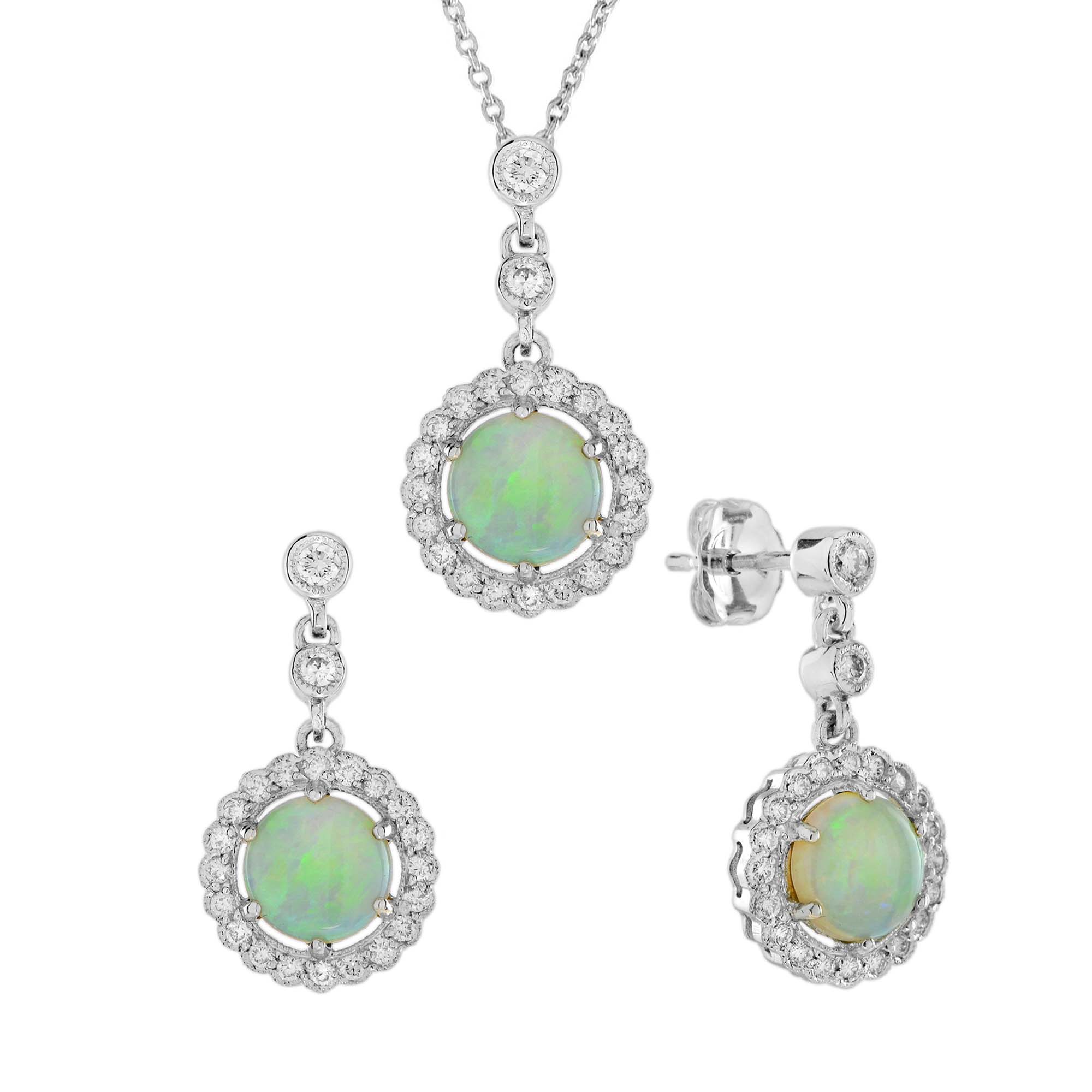 Opal Diamond Halo Vintage Style Pendant &amp; Earrings Jewelry White Gold Set