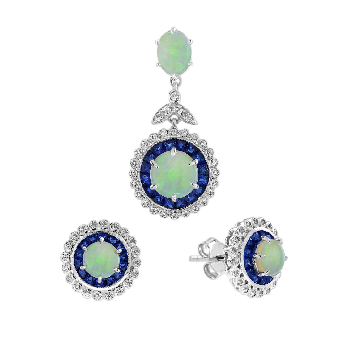 Opal Sapphire Diamond Vintage Style Pendant & Stud Earrings Jewelry Set