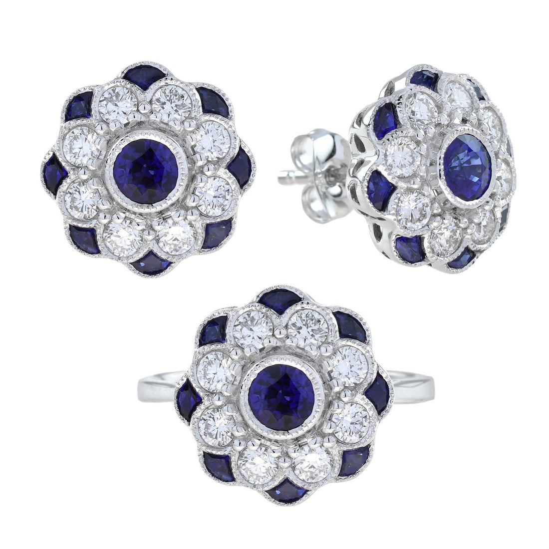 Sapphire &amp; Diamond Ring Stud Earrings Floral Flower White Gold Jewelry Set