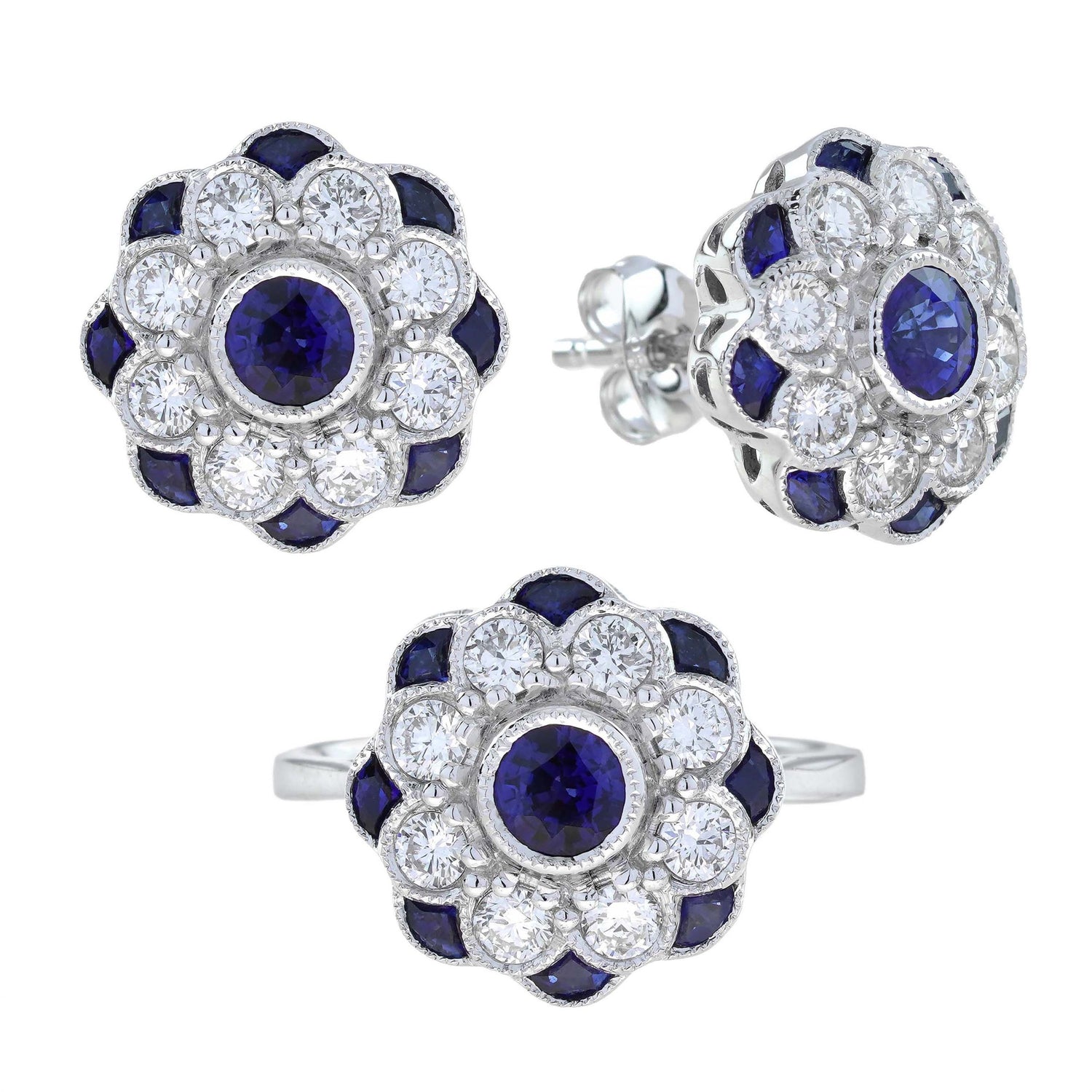 Sapphire &amp; Diamond Ring Stud Earrings Floral Flower White Gold Jewelry Set