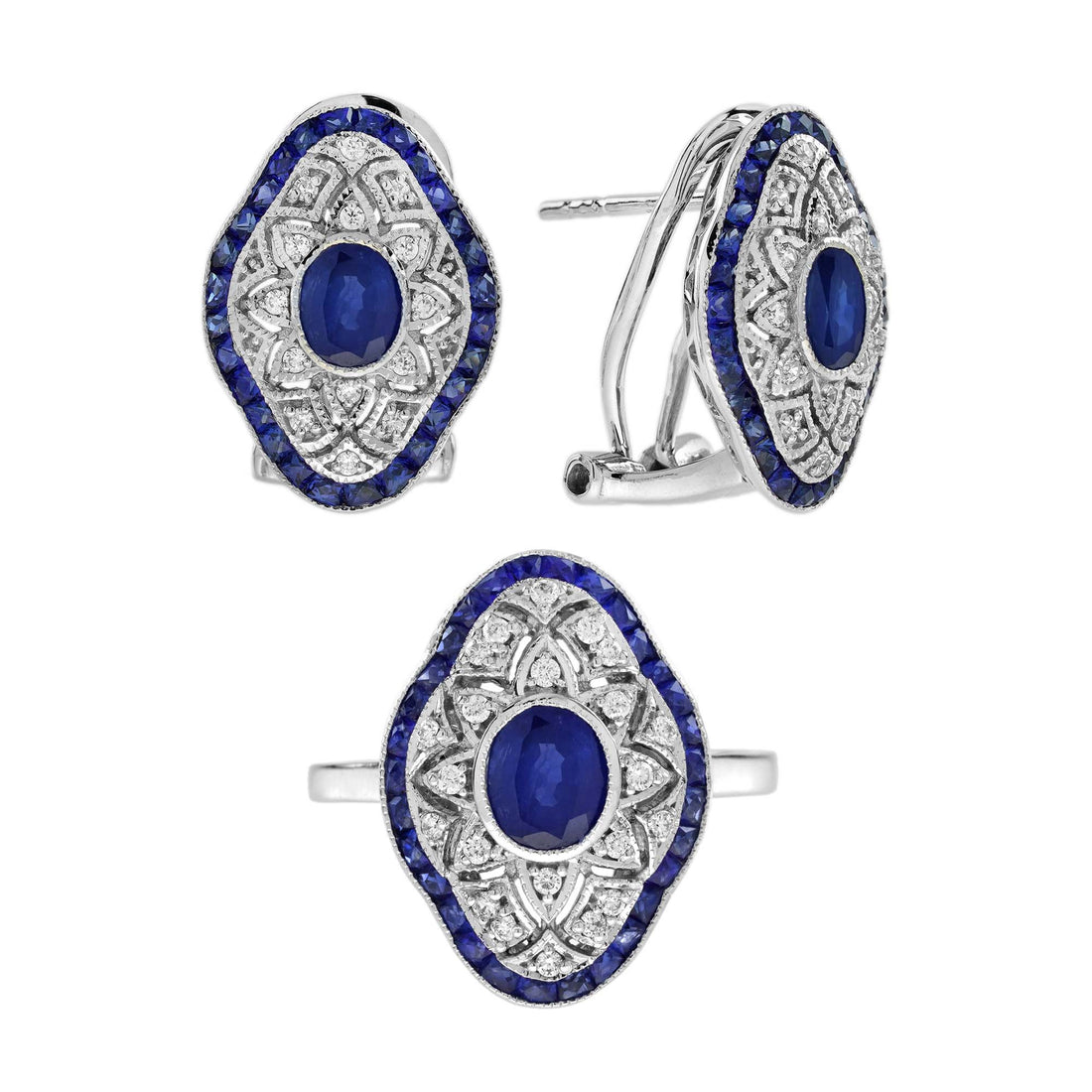 Blue Sapphire Diamond Art Deco Style Openwork Ring & Earrings Jewelry Gold Set