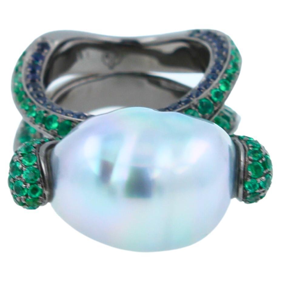 Silvery White Iridescent South Sea Pearl Emerald Diamond Sapphire 18k Gold Ring