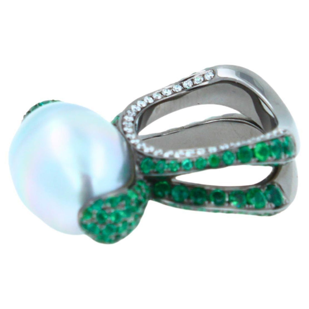 Silvery White Iridescent South Sea Pearl Emerald Diamond Sapphire 18k Gold Ring