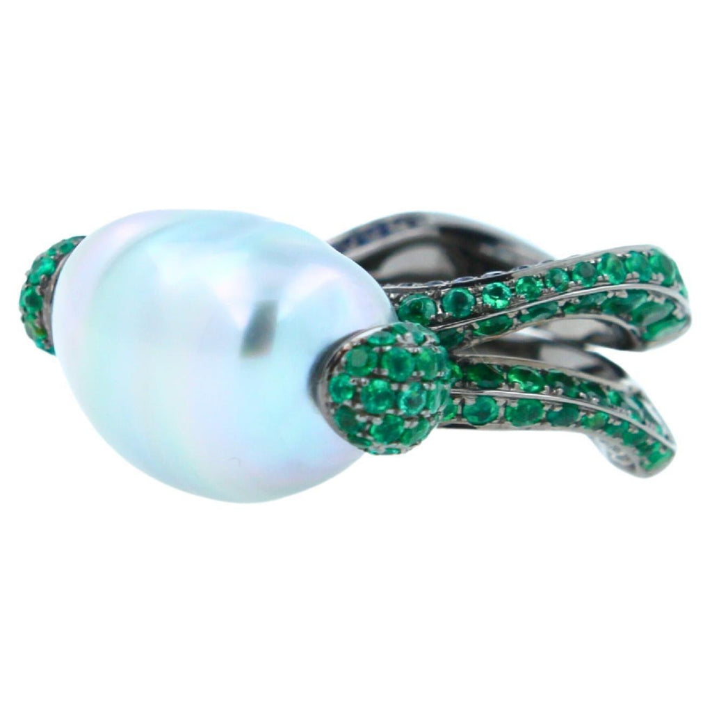 Silvery White Iridescent South Sea Pearl Emerald Diamond Sapphire 18k Gold Ring