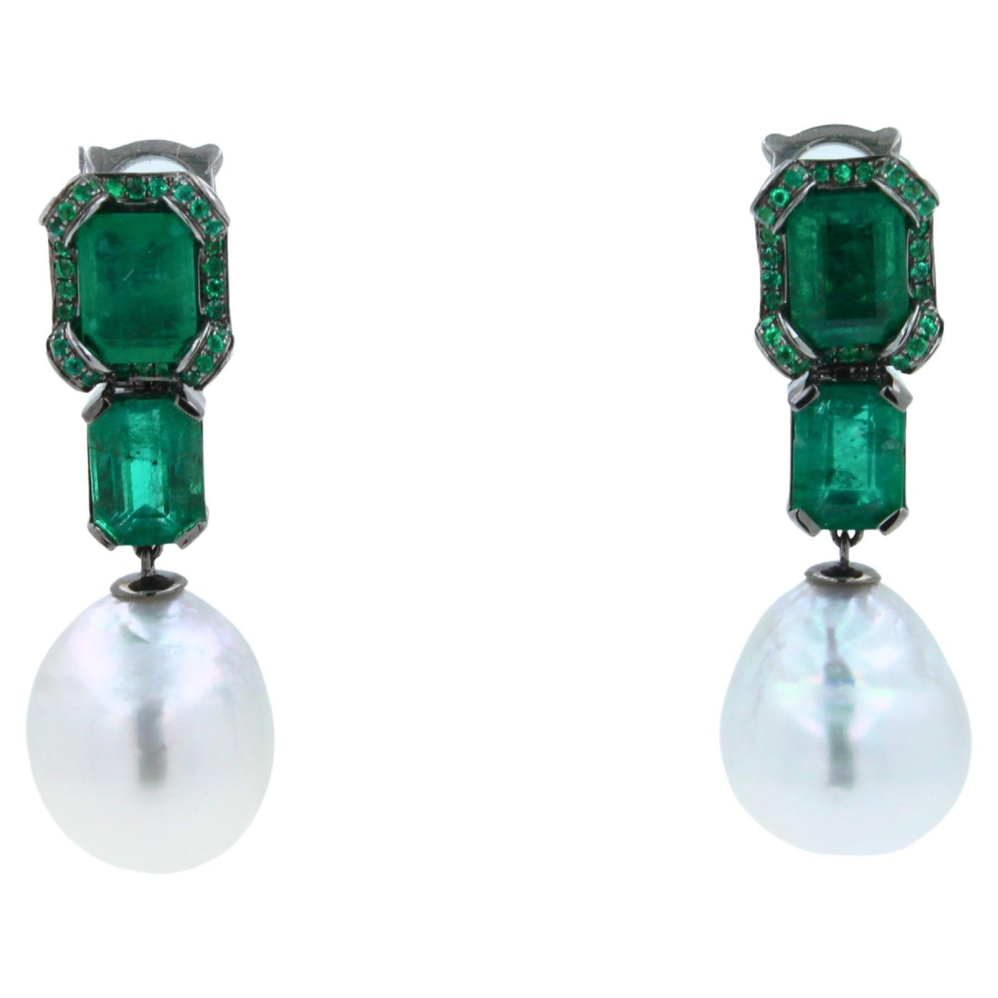 silvery white south sea pearl drop emerald pave 18k white black gold earrings