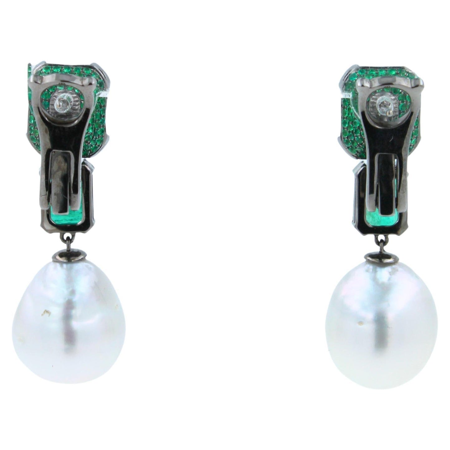 silvery white south sea pearl drop emerald pave 18k white black gold earrings