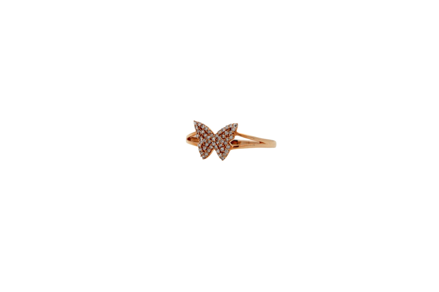 small butterfly diamond pave set 18k rose gold split shank ring