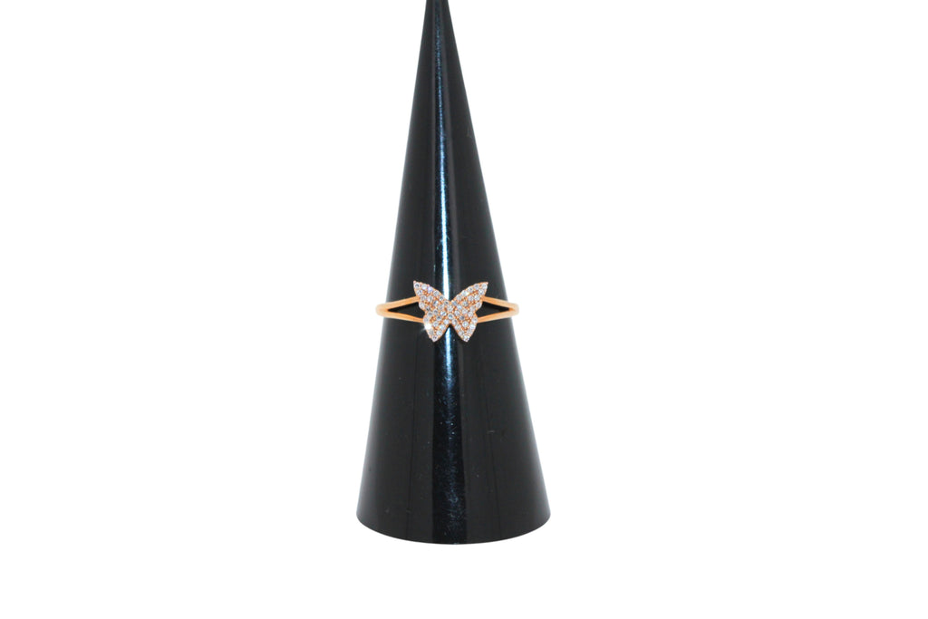 Small Butterfly Diamond Pave Set 18K Rose Gold Split Shank Ring