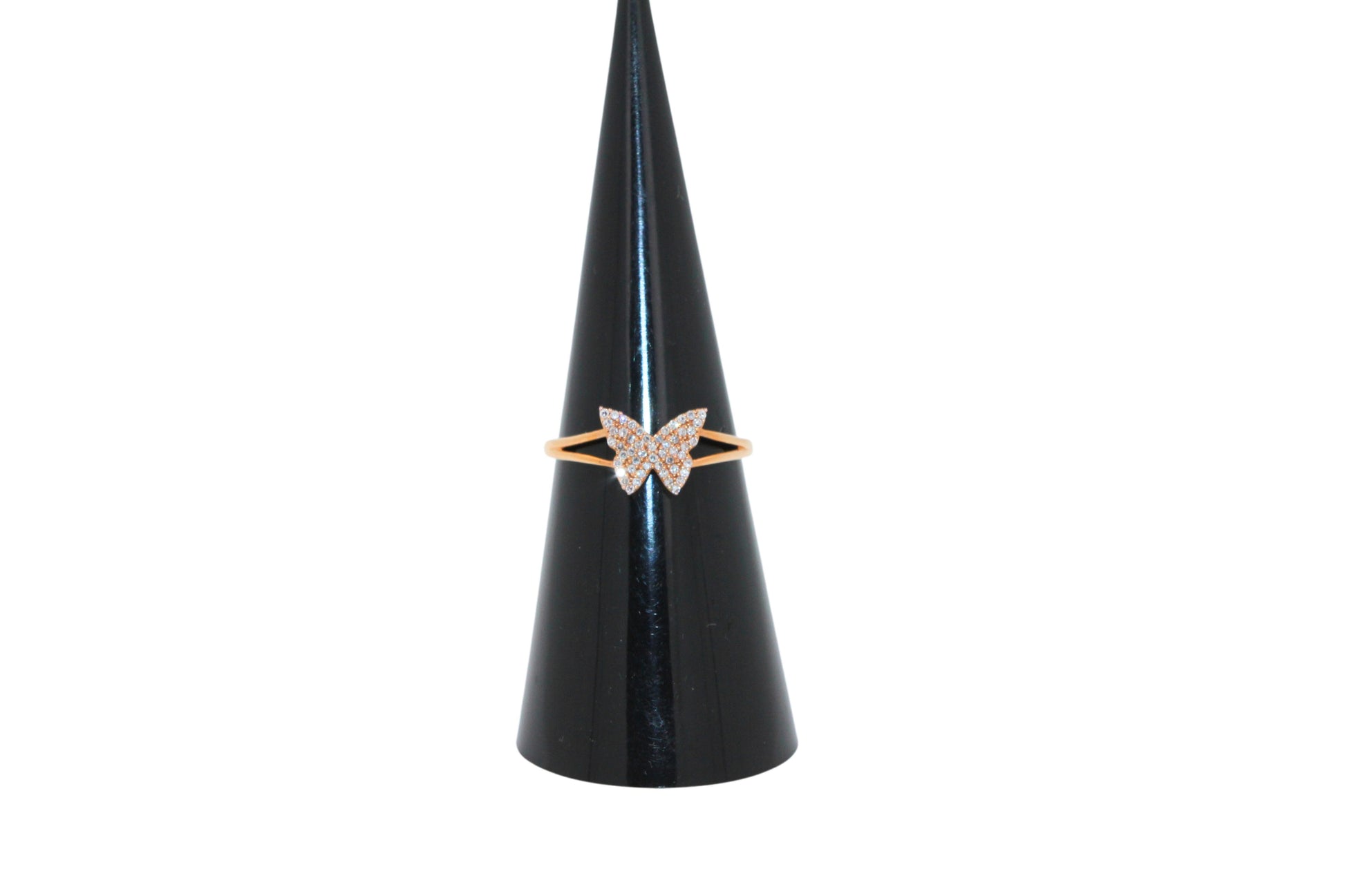 Small Butterfly Diamond Pave Set 18K Rose Gold Split Shank Ring