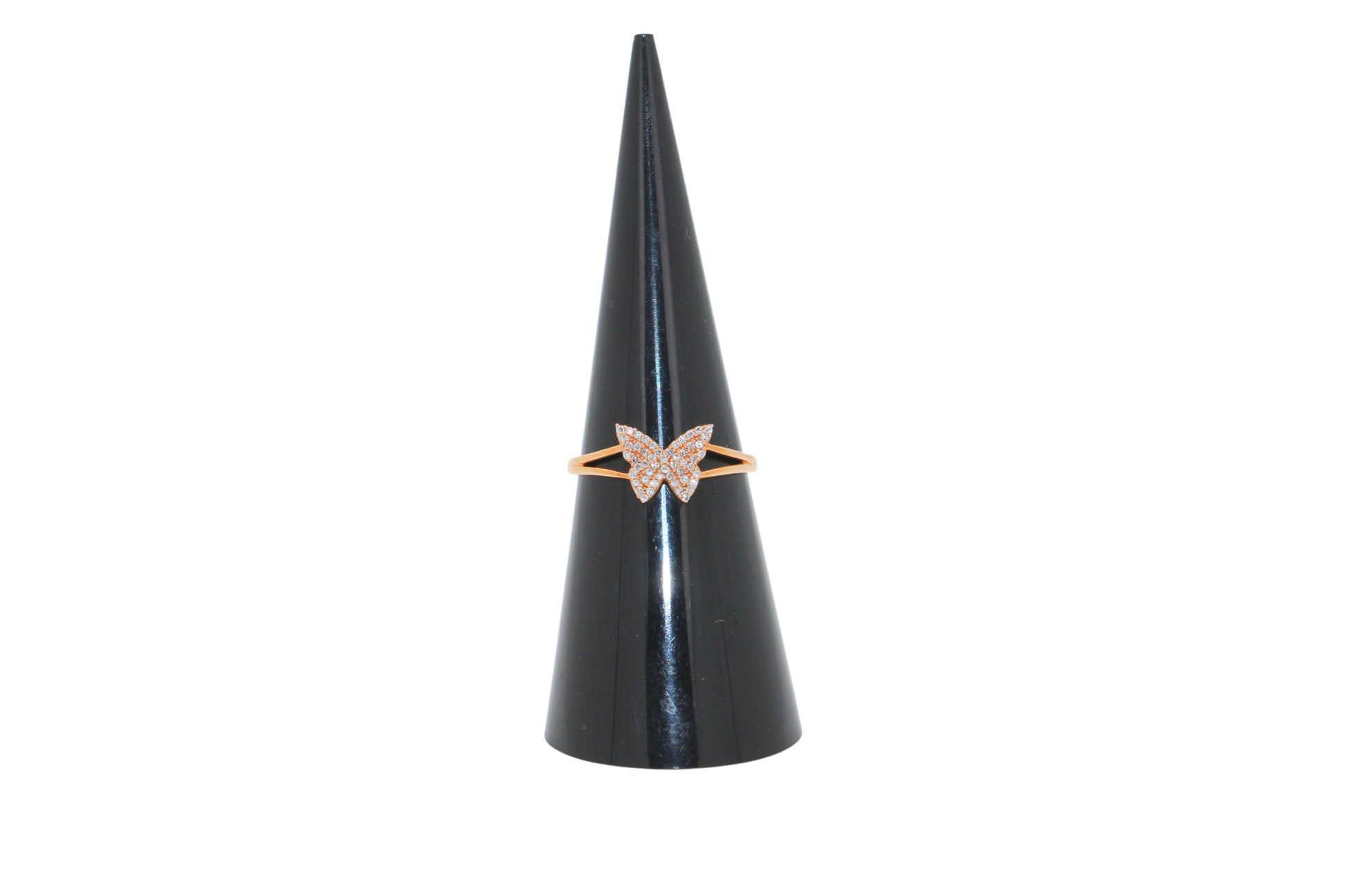 Small Butterfly Diamond Pave Set 18K Rose Gold Split Shank Ring