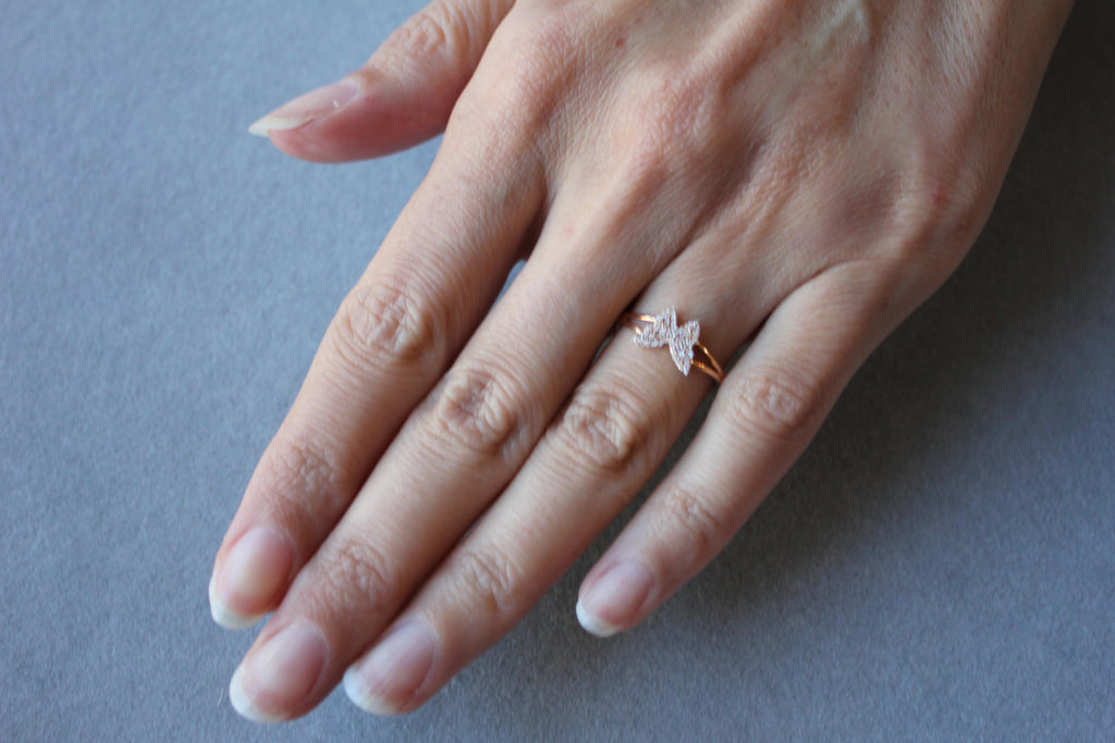 Small Butterfly Diamond Pave Set 18K Rose Gold Split Shank Ring