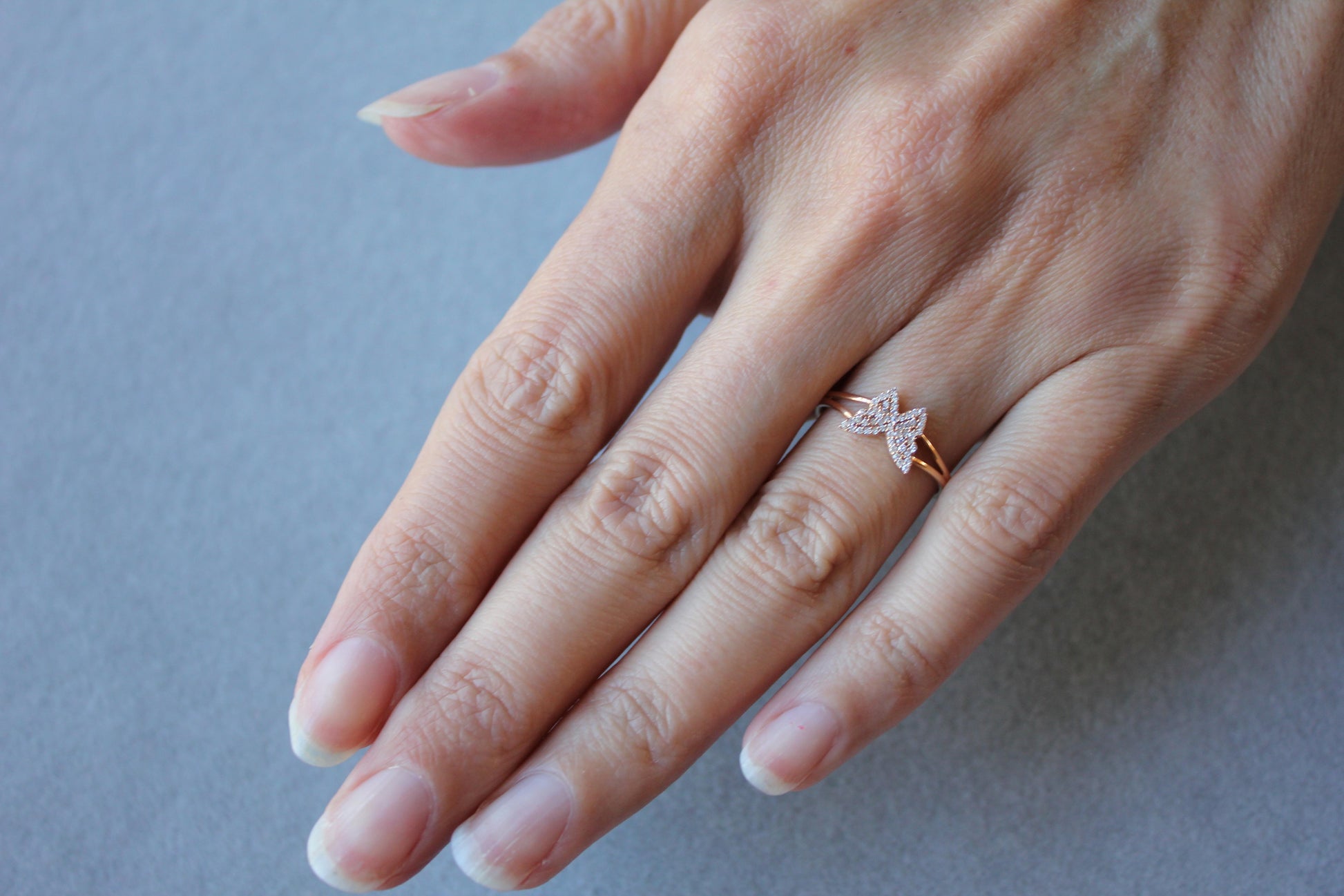 Small Butterfly Diamond Pave Set 18K Rose Gold Split Shank Ring