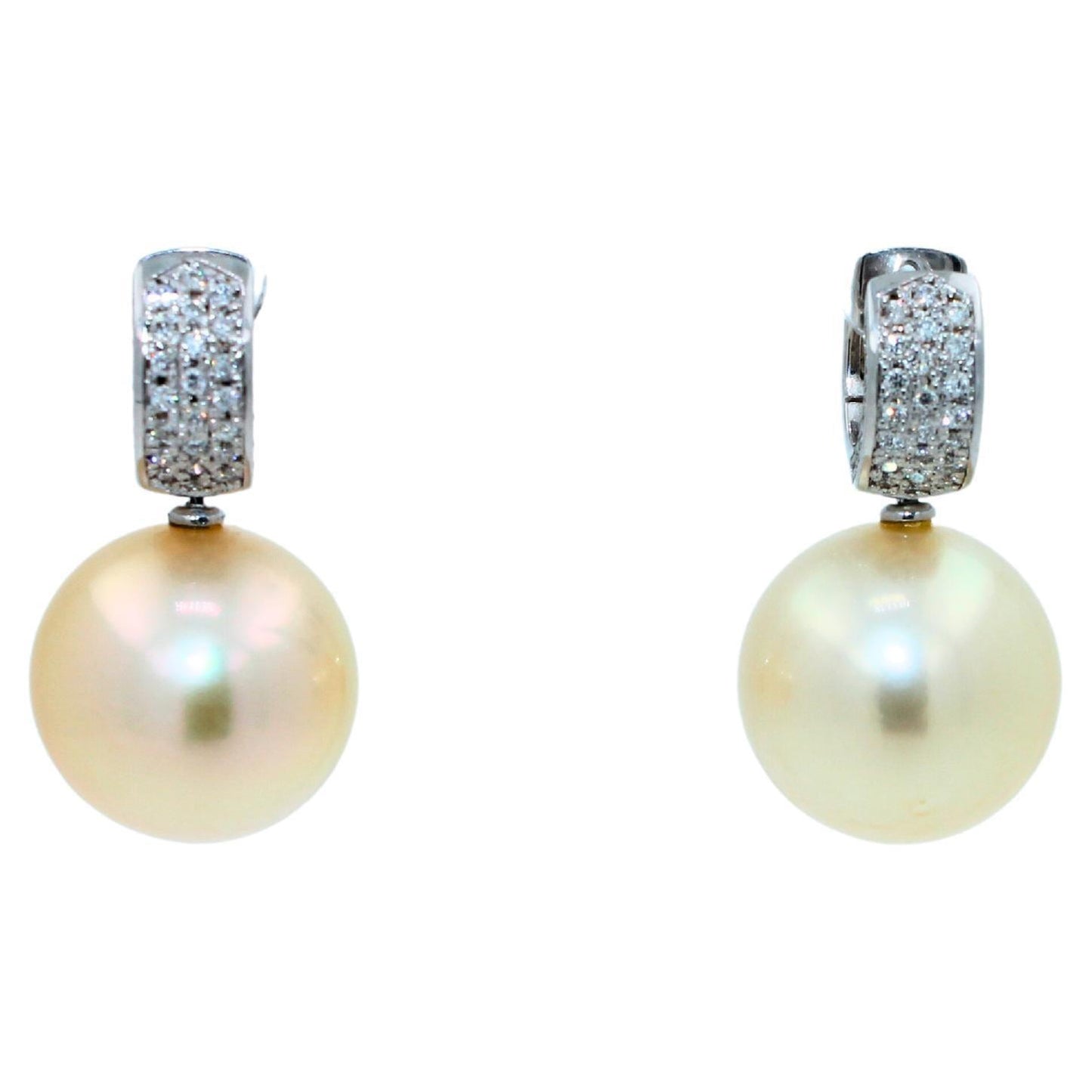 south sea light yellow golden pearl diamond 18k white gold pave huggie earrings
