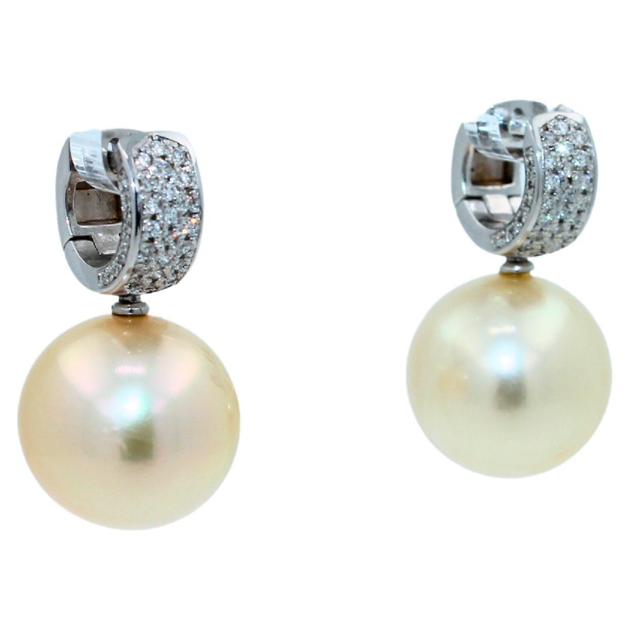 south sea light yellow golden pearl diamond 18k white gold pave huggie earrings