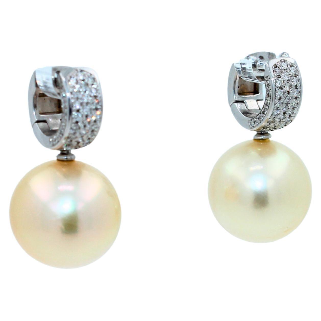 south sea light yellow golden pearl diamond 18k white gold pave huggie earrings