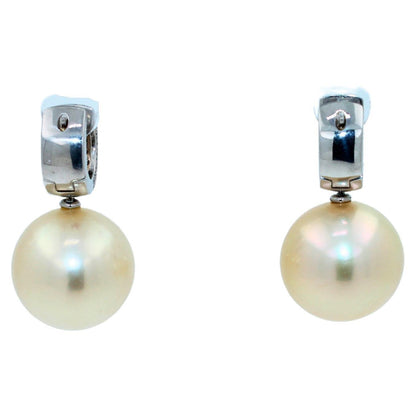 South Sea Light Yellow Golden Pearl Diamond 18K White Gold Pave Huggie Earrings