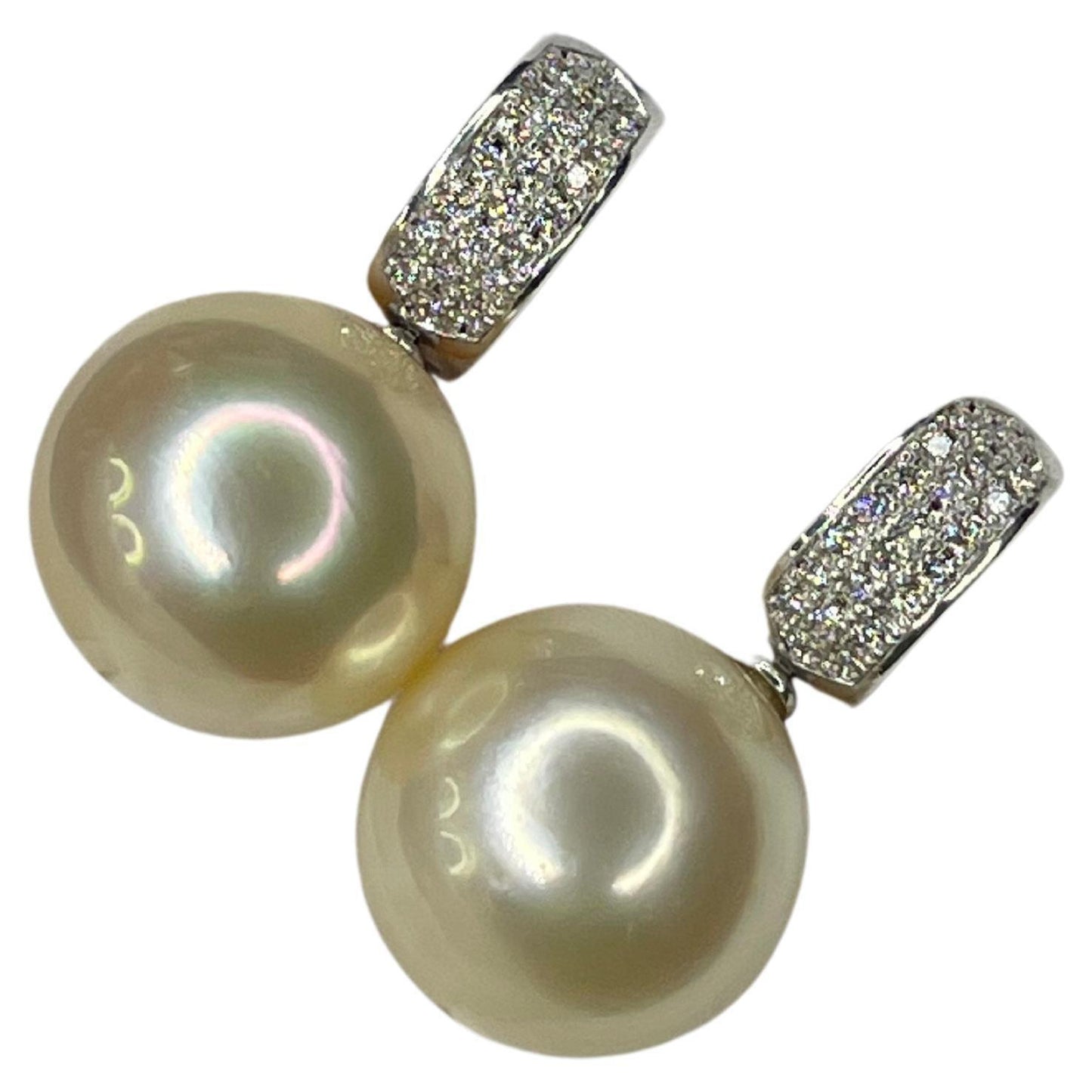 south sea light yellow golden pearl diamond 18k white gold pave huggie earrings