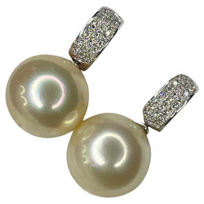 South Sea Light Yellow Golden Pearl Diamond 18K White Gold Pave Huggie Earrings