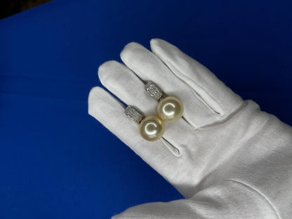 South Sea Light Yellow Golden Pearl Diamond 18K White Gold Pave Huggie Earrings