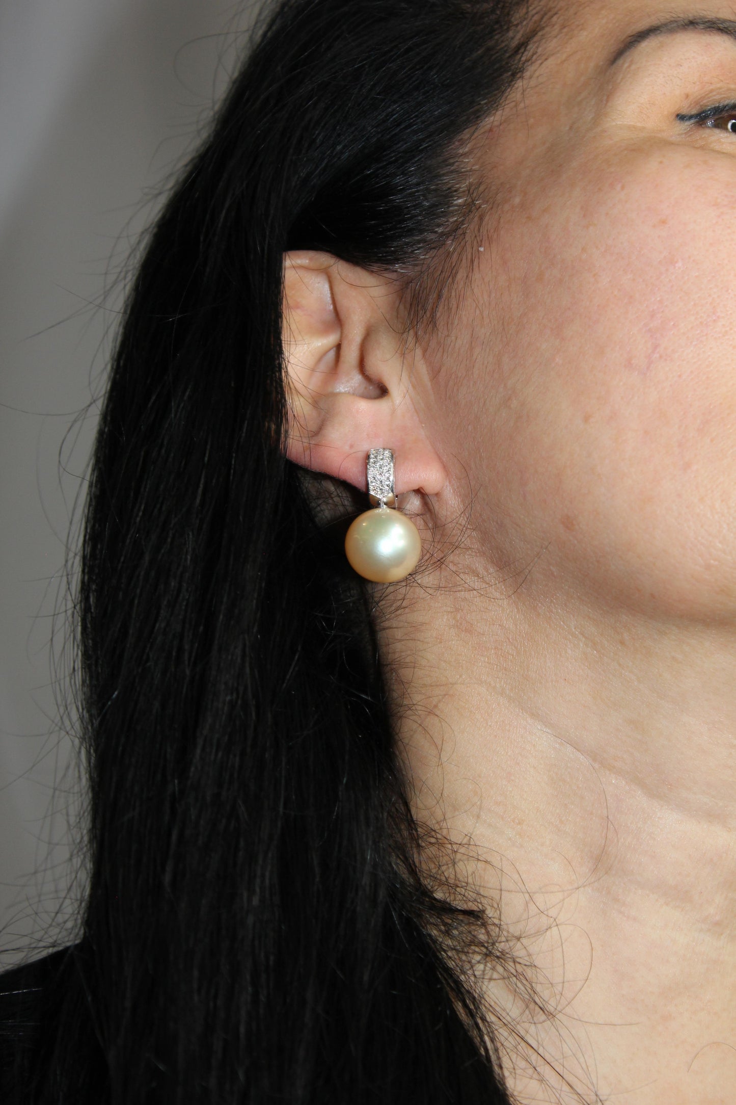 south sea light yellow golden pearl diamond 18k white gold pave huggie earrings