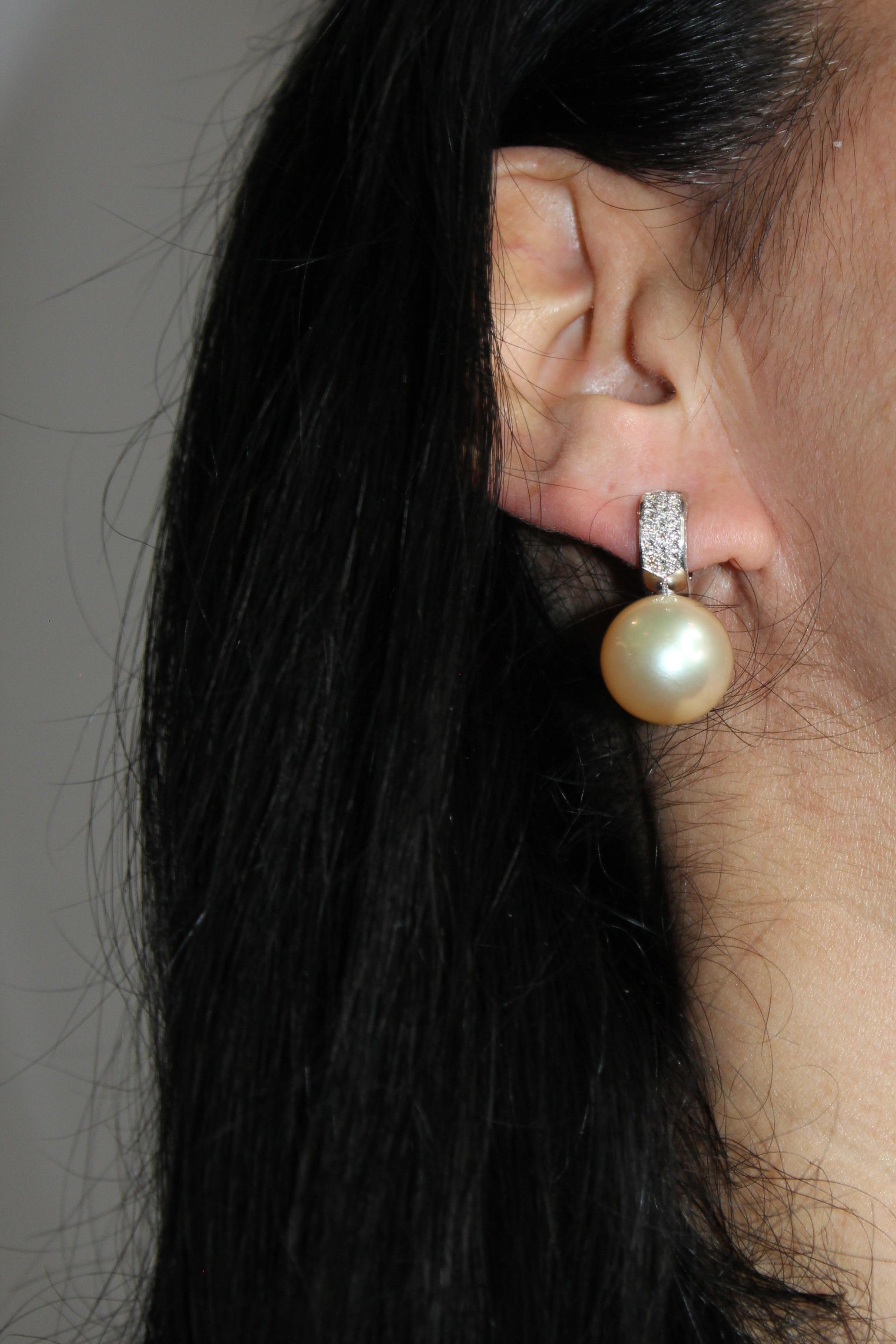 South Sea Light Yellow Golden Pearl Diamond 18K White Gold Pave Huggie Earrings