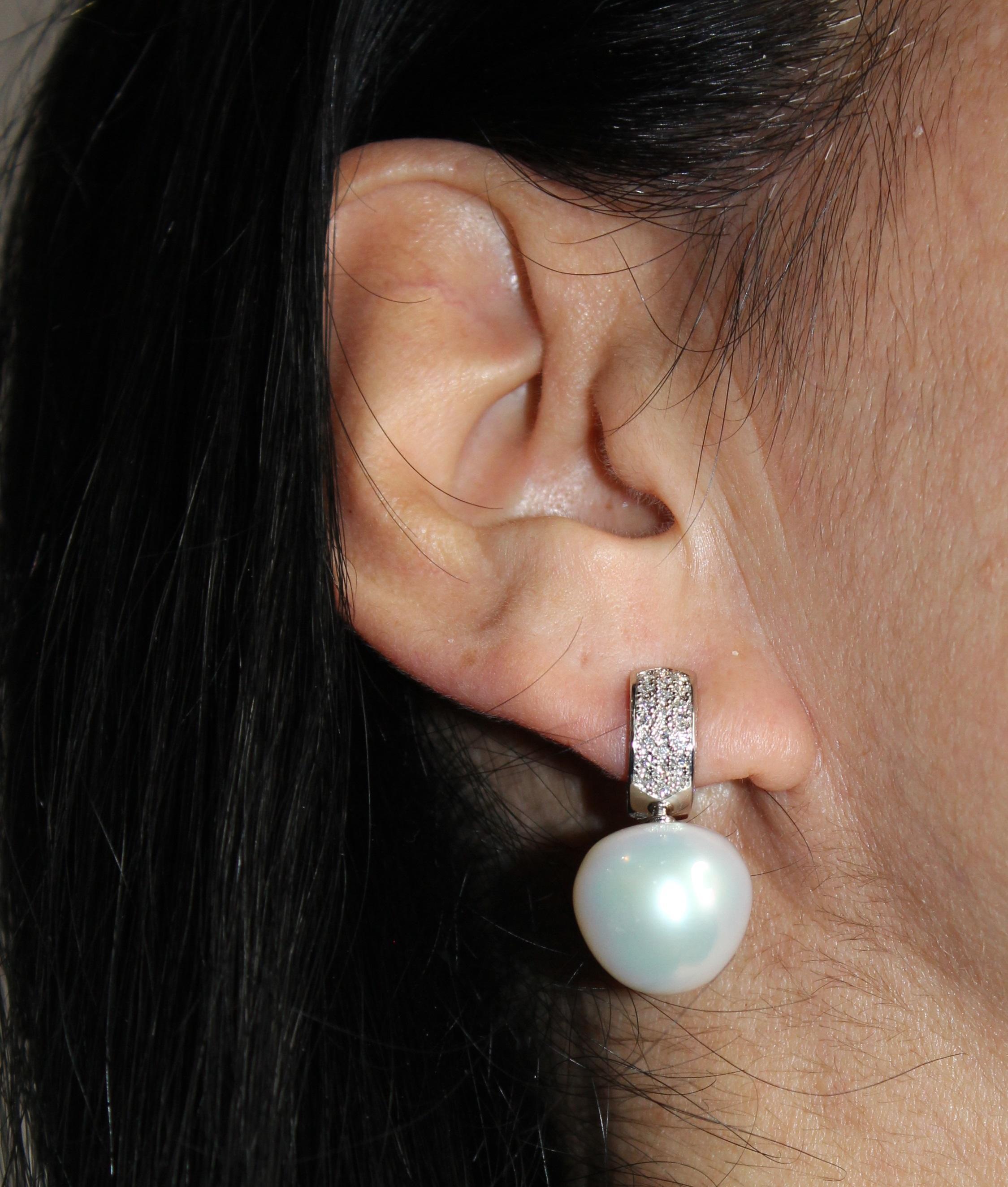 South Sea White Apple Cushion Pearl Diamond 18 Karat White Gold Pave Earrings
