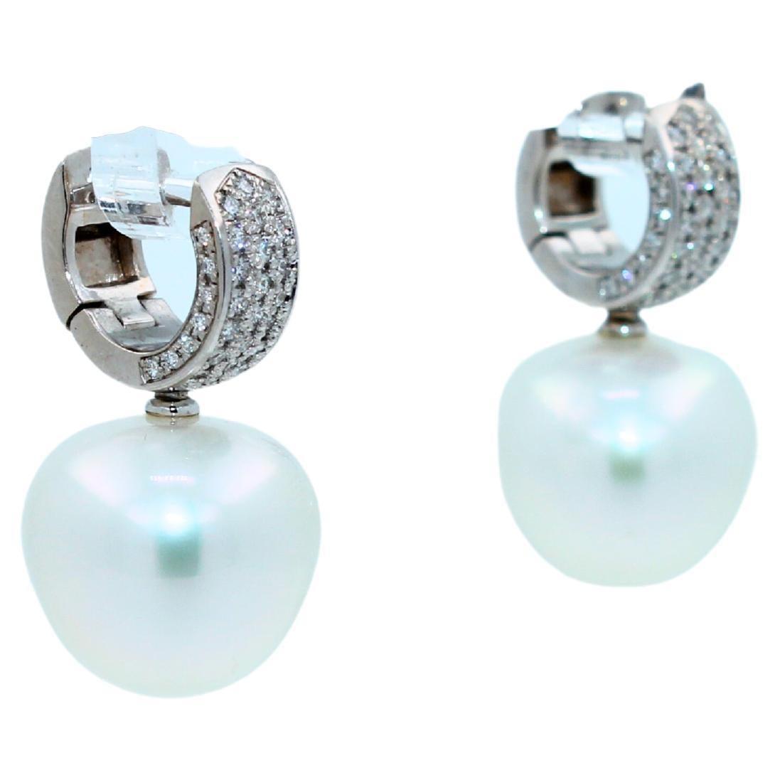 South Sea White Apple Cushion Pearl Diamond 18 Karat White Gold Pave Earrings