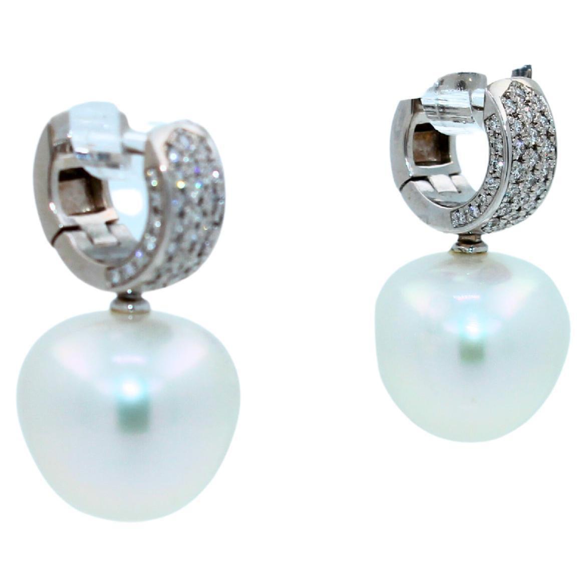 South Sea White Apple Cushion Pearl Diamond 18 Karat White Gold Pave Earrings