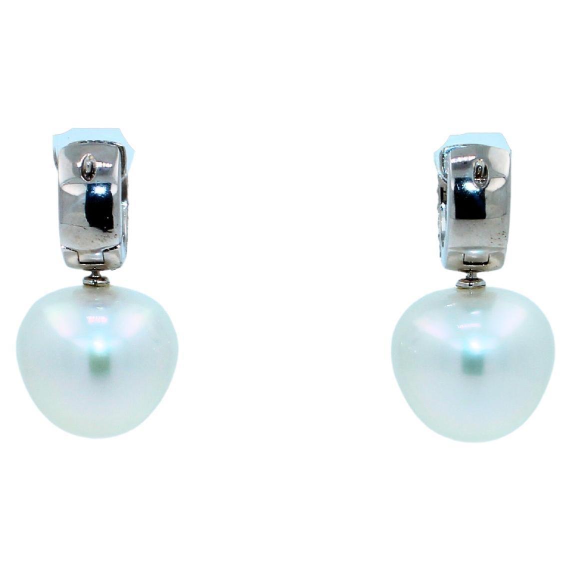 South Sea White Apple Cushion Pearl Diamond 18 Karat White Gold Pave Earrings