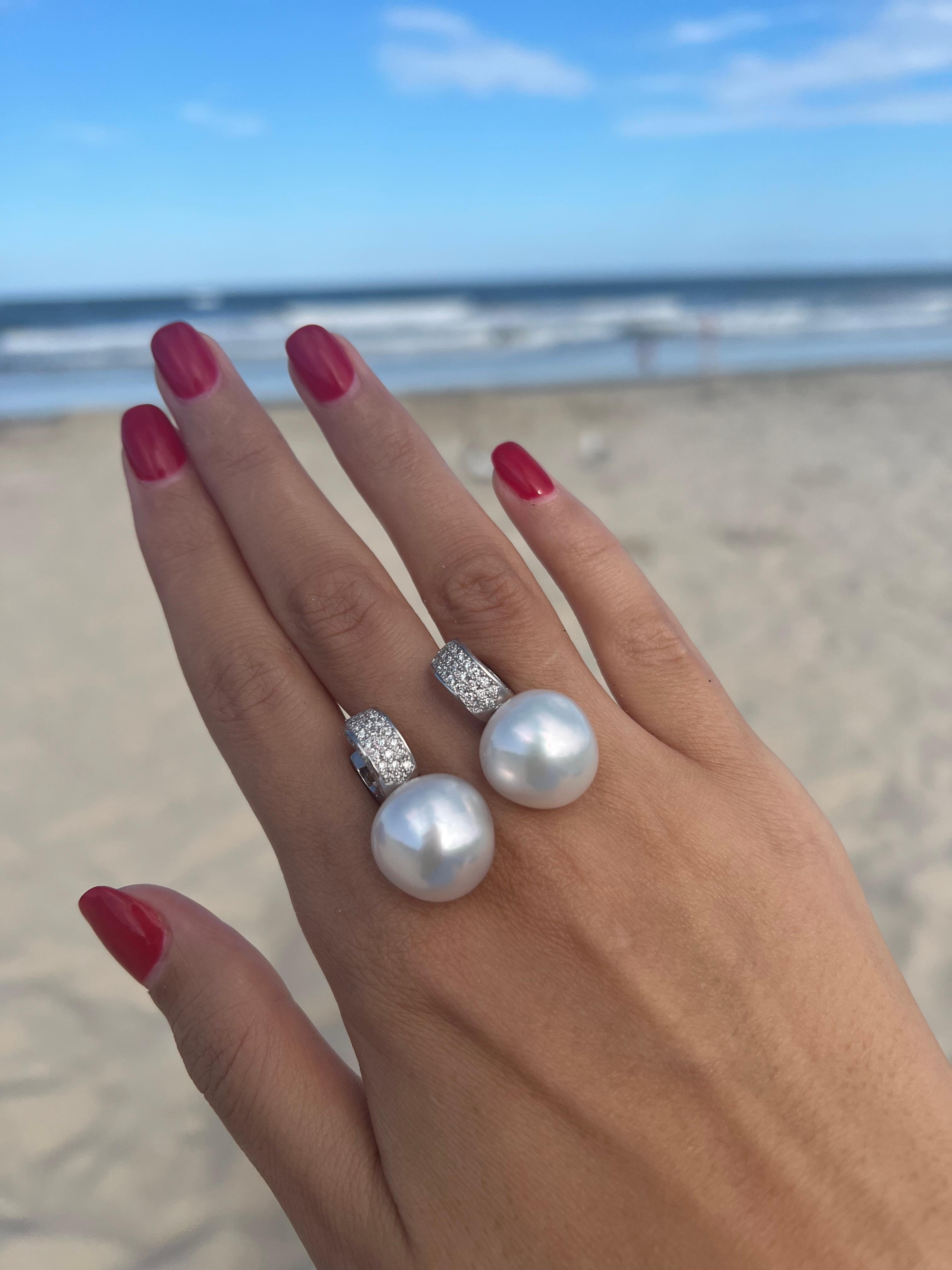 South Sea White Apple Cushion Pearl Diamond 18 Karat White Gold Pave Earrings