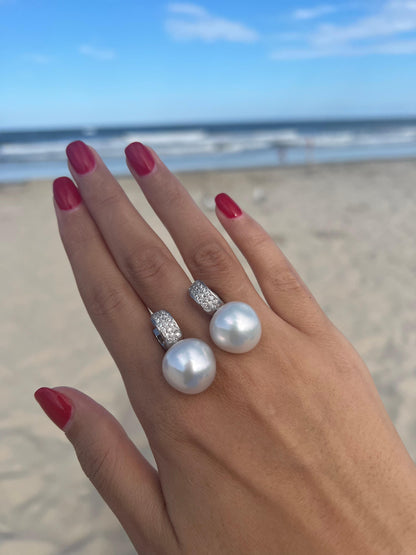 South Sea White Apple Cushion Pearl Diamond 18 Karat White Gold Pave Earrings