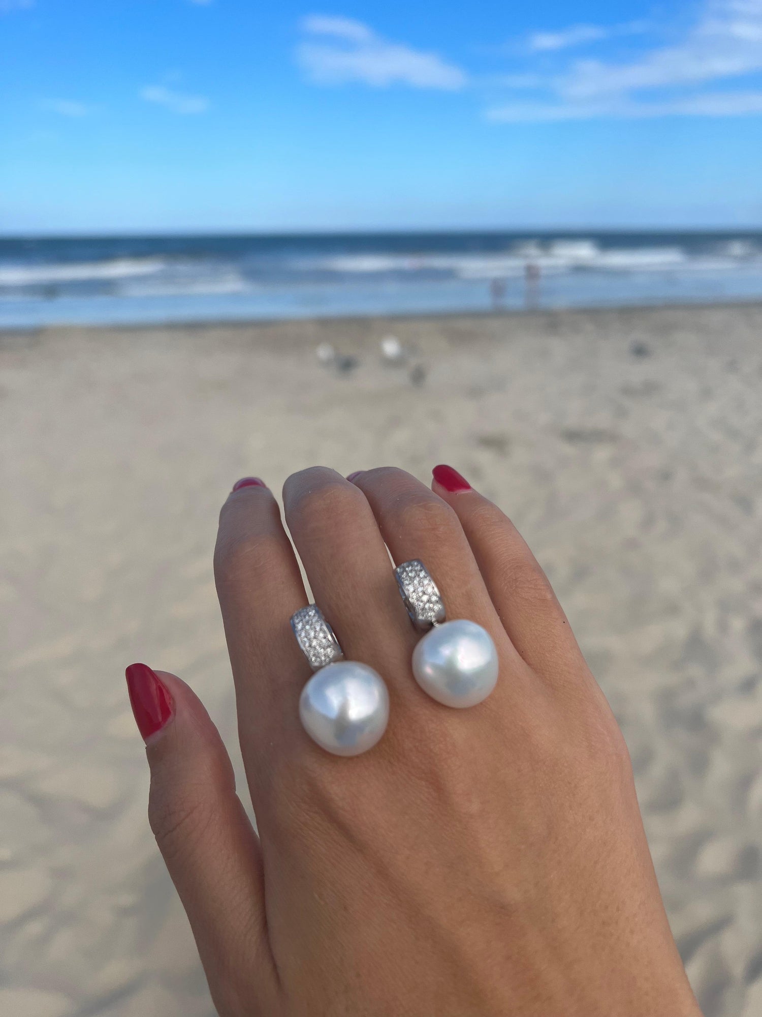 South Sea White Apple Cushion Pearl Diamond 18 Karat White Gold Pave Earrings