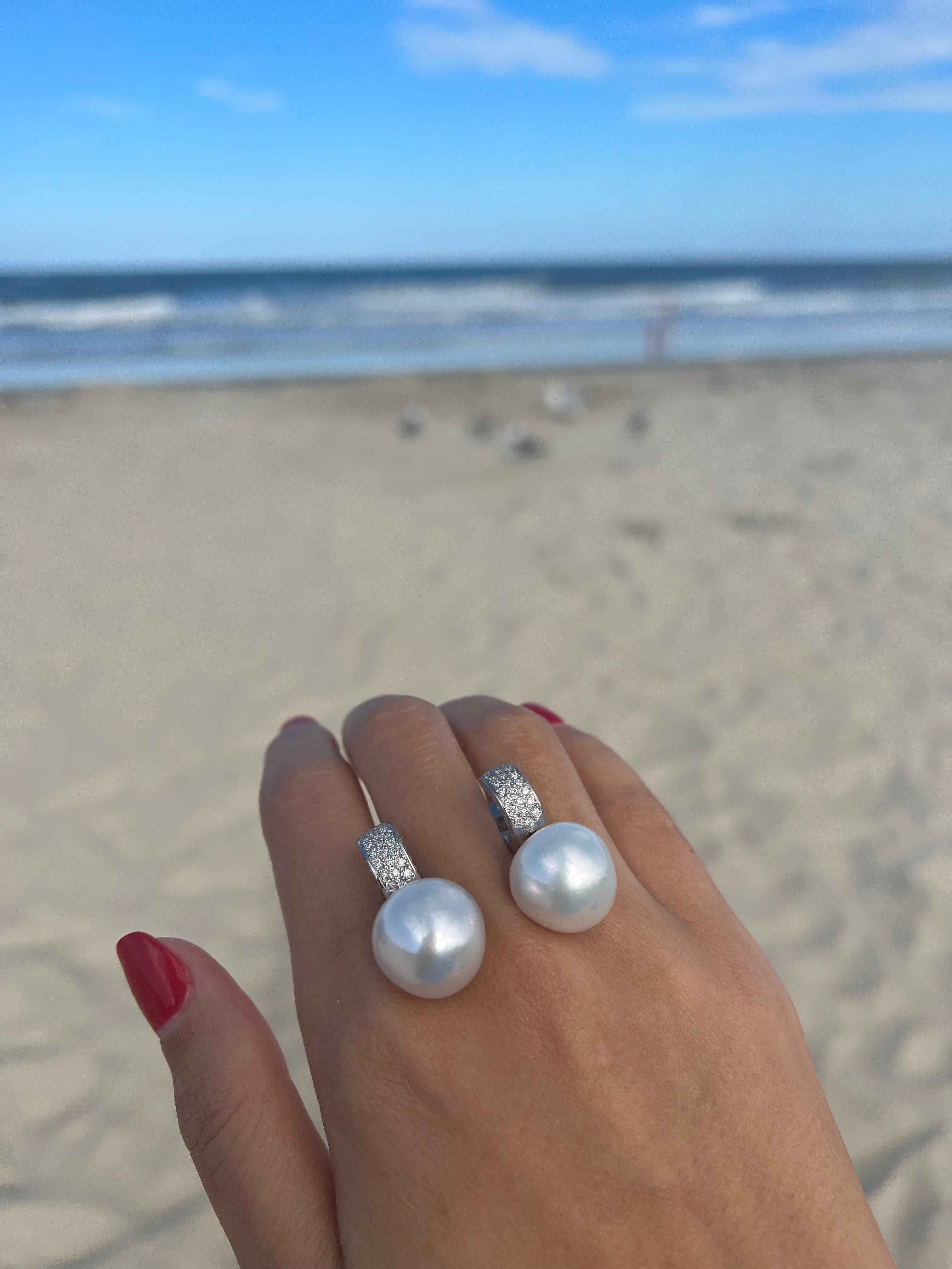 South Sea White Apple Cushion Pearl Diamond 18 Karat White Gold Pave Earrings