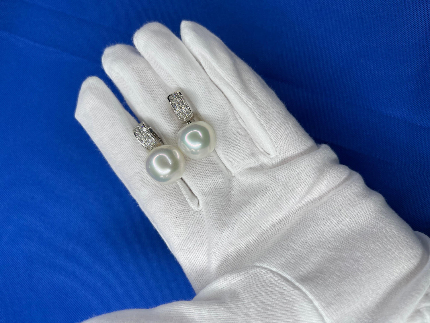 South Sea White Apple Cushion Pearl Diamond 18 Karat White Gold Pave Earrings